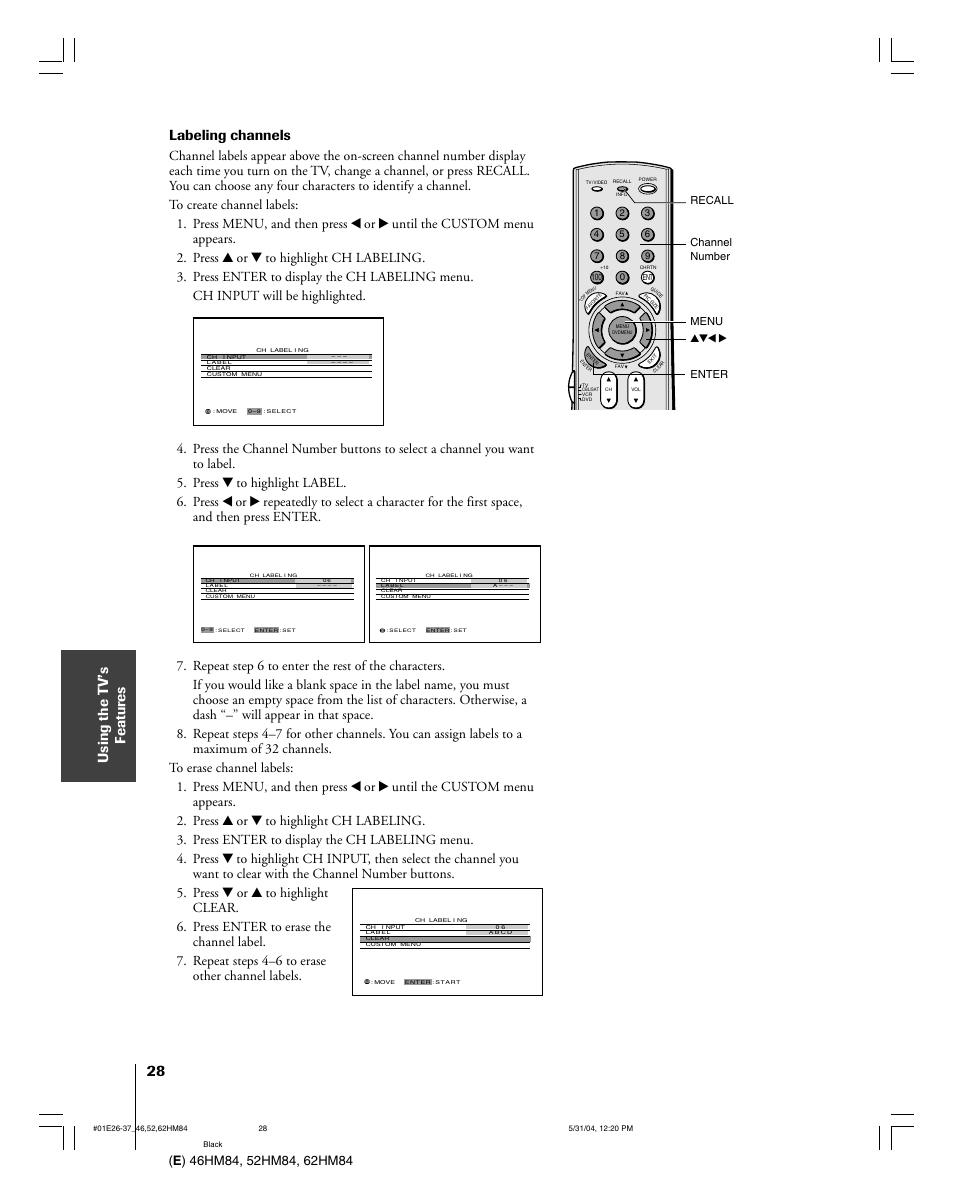Labeling channels | Toshiba 52HM84 User Manual | Page 28 / 68