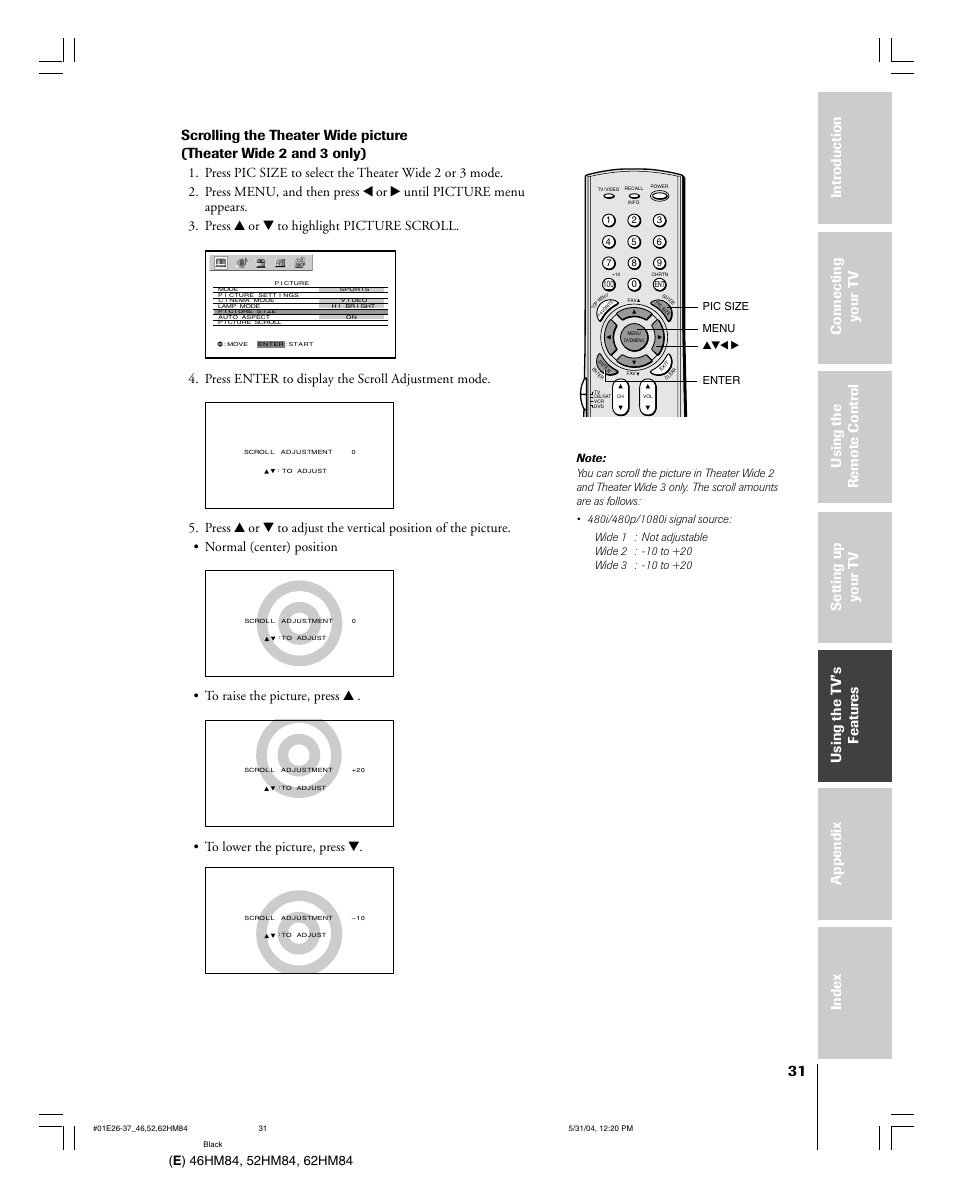 Press enter to display the scroll adjustment mode | Toshiba 52HM84 User Manual | Page 31 / 68