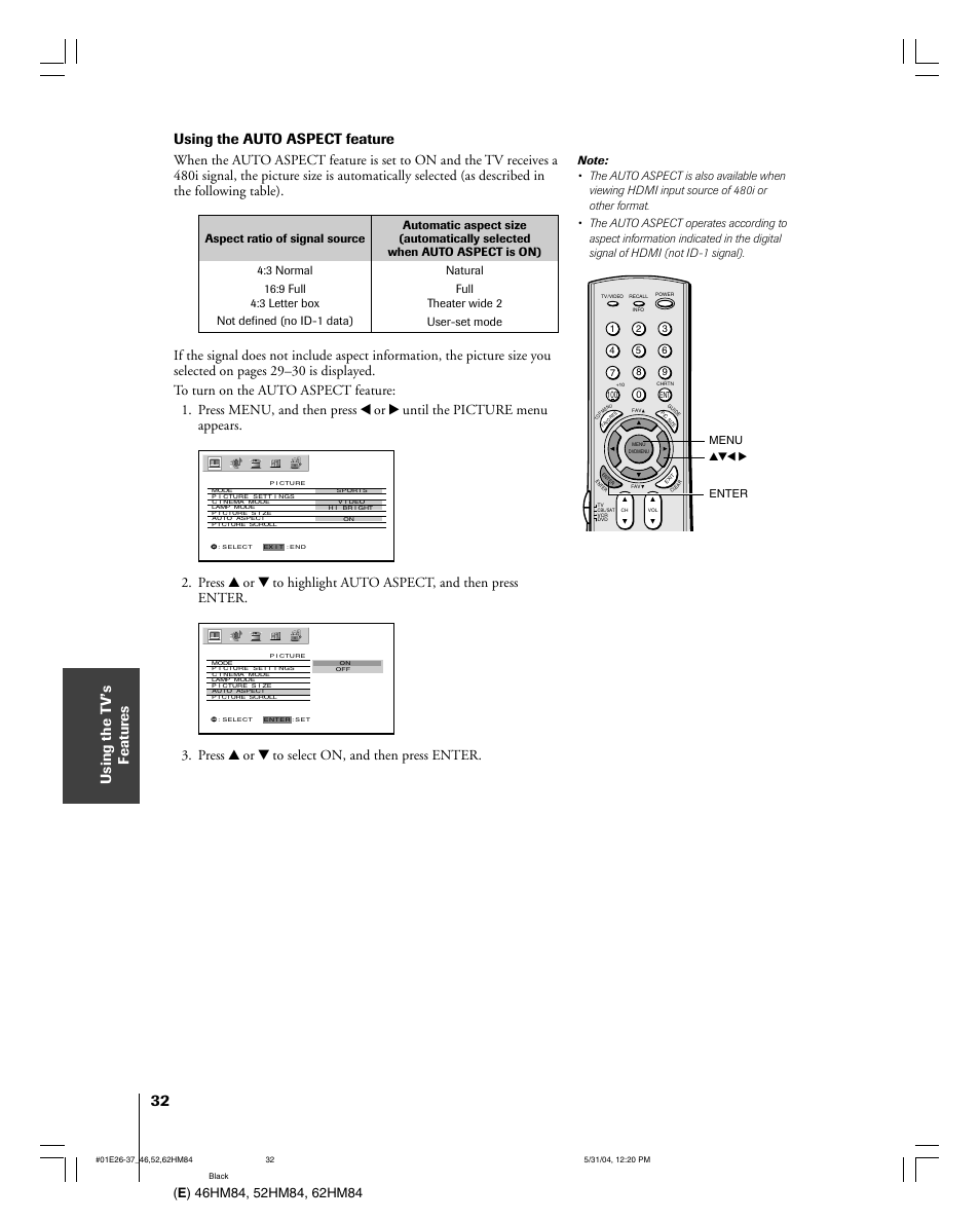 Using the auto aspect feature, Press y or z to select on, and then press enter | Toshiba 52HM84 User Manual | Page 32 / 68