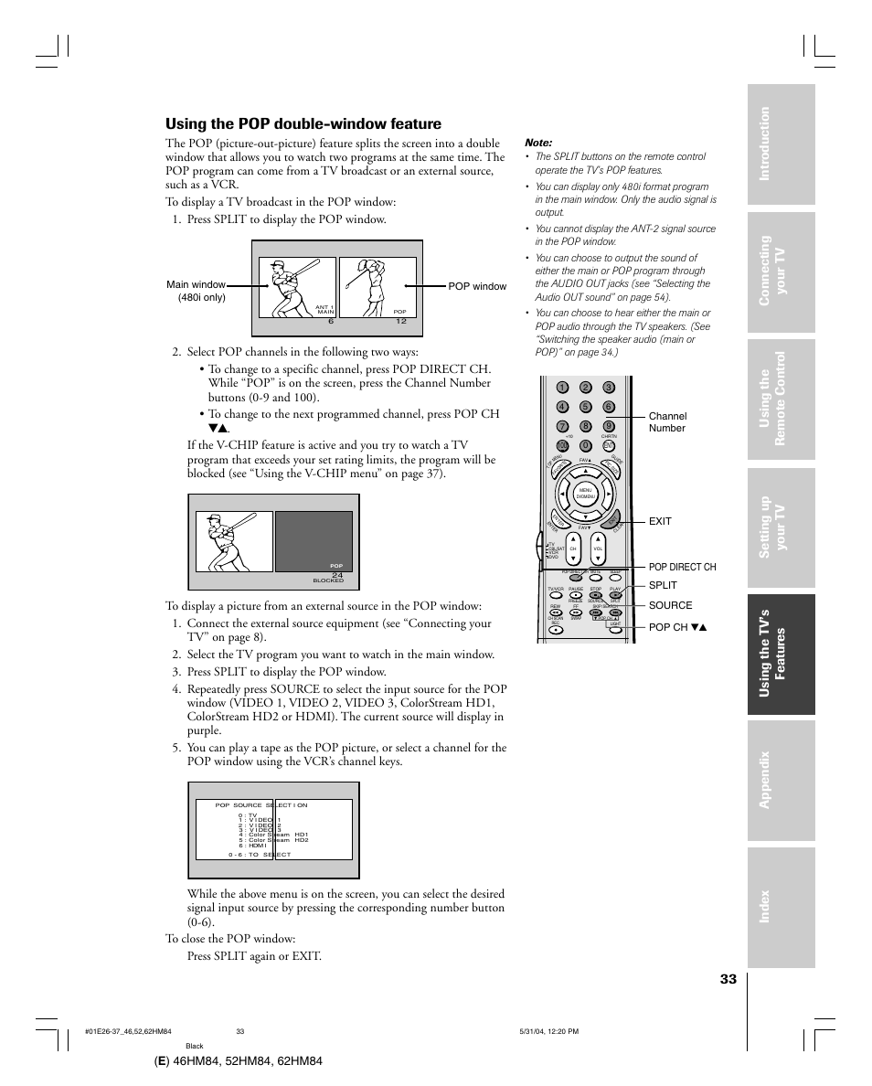 Using the pop double-window feature | Toshiba 52HM84 User Manual | Page 33 / 68