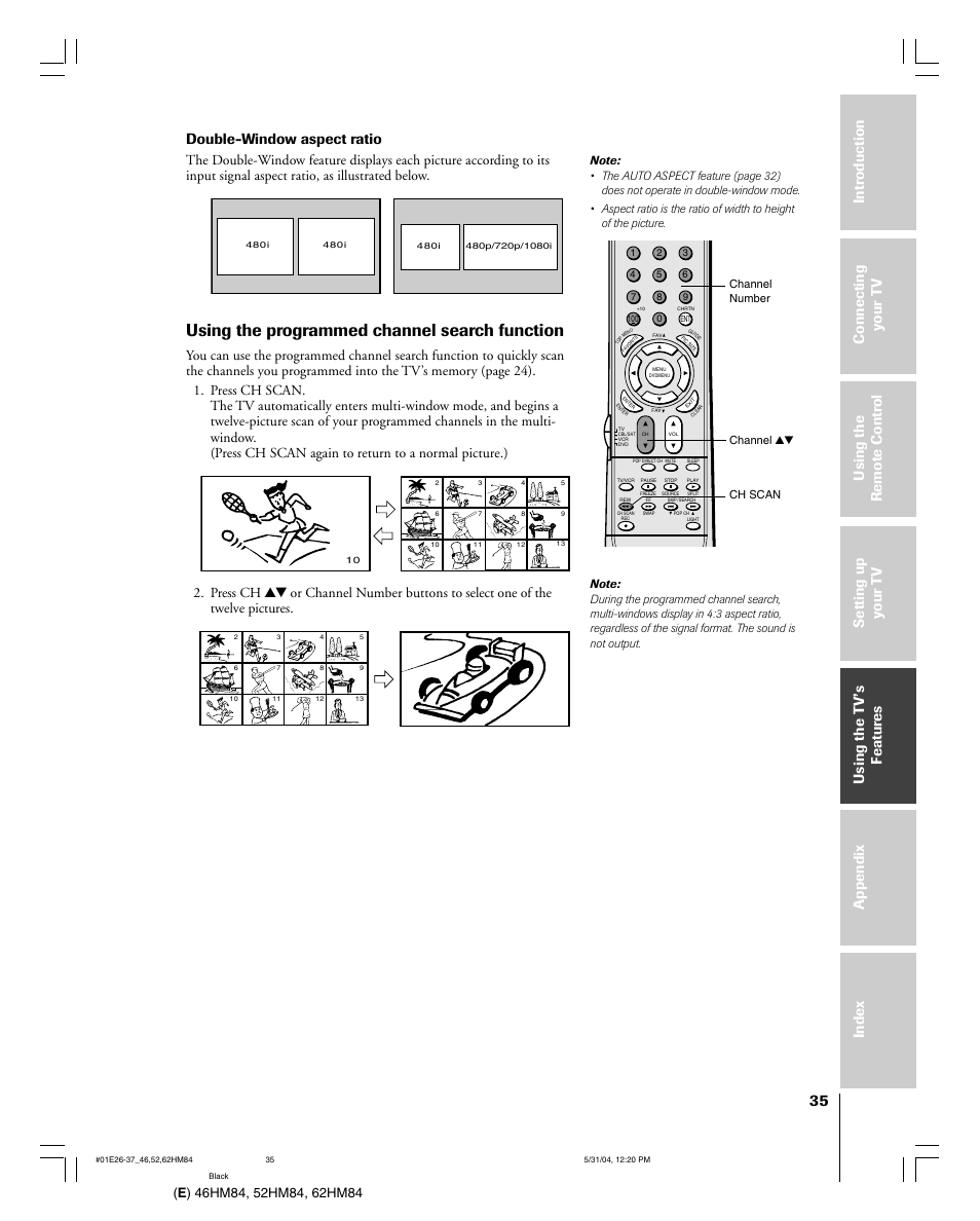 Using the programmed channel search function, Double-window aspect ratio | Toshiba 52HM84 User Manual | Page 35 / 68