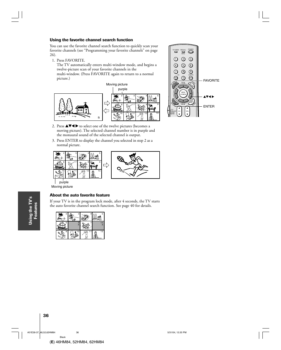 Using the favorite channel search function, About the auto favorite feature | Toshiba 52HM84 User Manual | Page 36 / 68