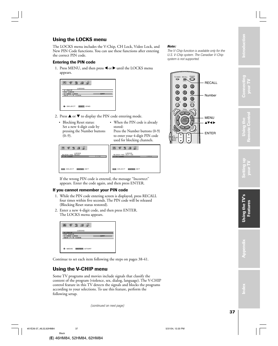 Using the locks menu, Using the v-chip menu, Entering the pin code | If you cannot remember your pin code, Press y or z to display the pin code entering mode | Toshiba 52HM84 User Manual | Page 37 / 68