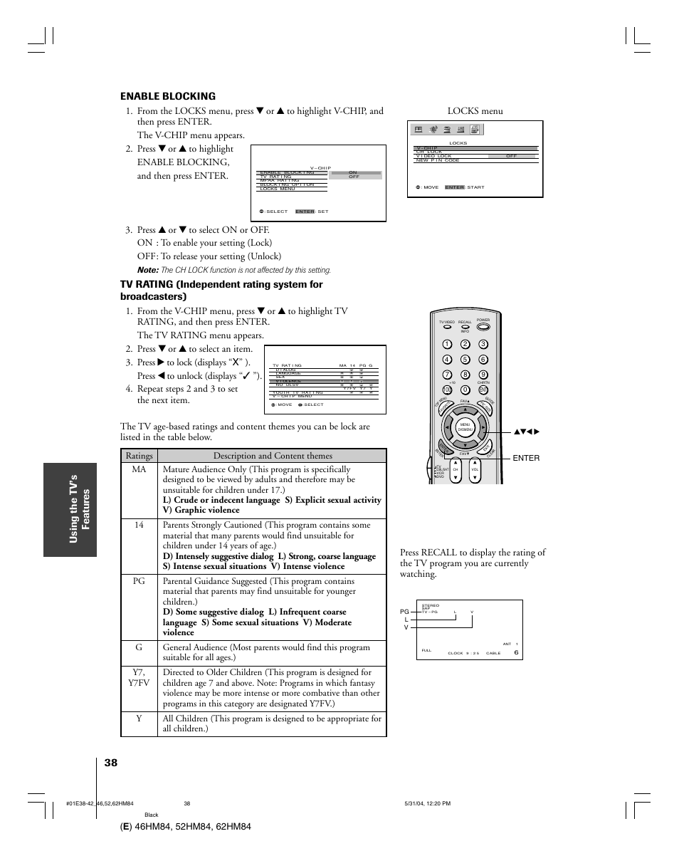 Enable blocking, Locks menu | Toshiba 52HM84 User Manual | Page 38 / 68