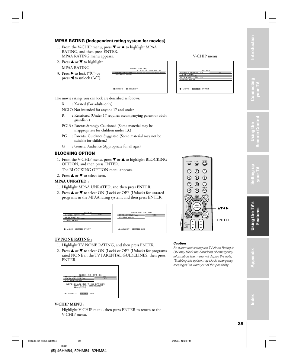 Mpaa rating (independent rating system for movies), Blocking option | Toshiba 52HM84 User Manual | Page 39 / 68