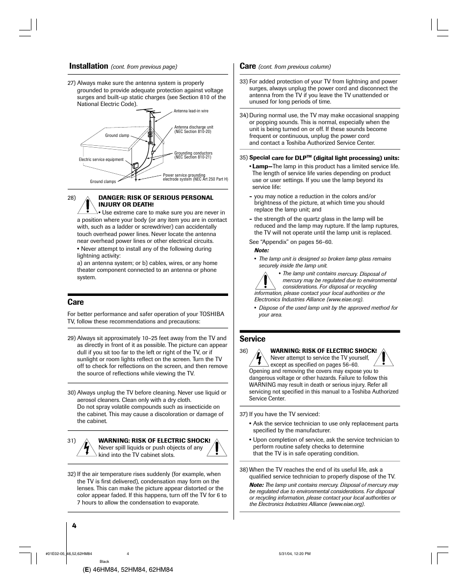 Installation, Care, Service | Toshiba 52HM84 User Manual | Page 4 / 68