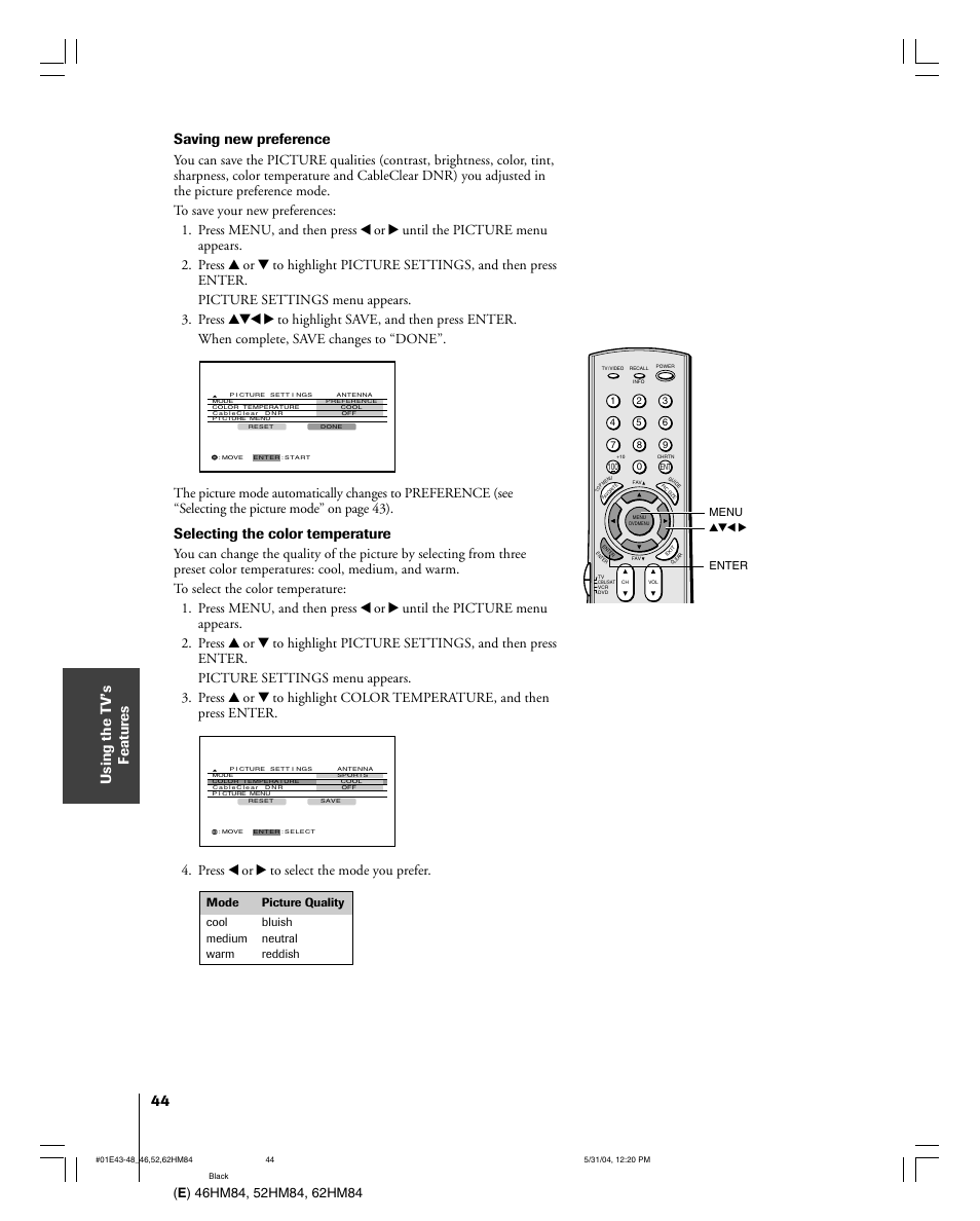 Saving new preference, Selecting the color temperature, Press x or • to select the mode you prefer | Toshiba 52HM84 User Manual | Page 44 / 68