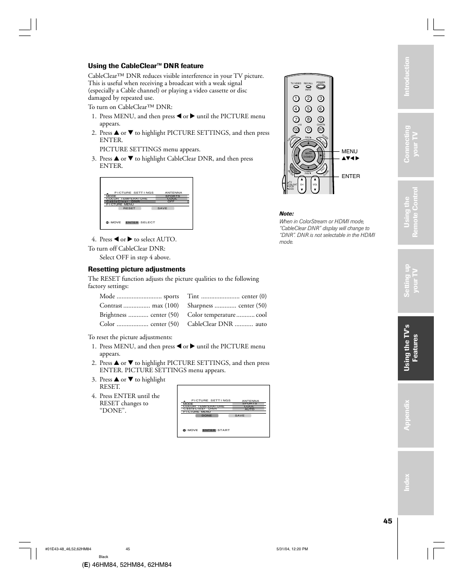 Using the cableclear™ dnr feature, Resetting picture adjustments | Toshiba 52HM84 User Manual | Page 45 / 68