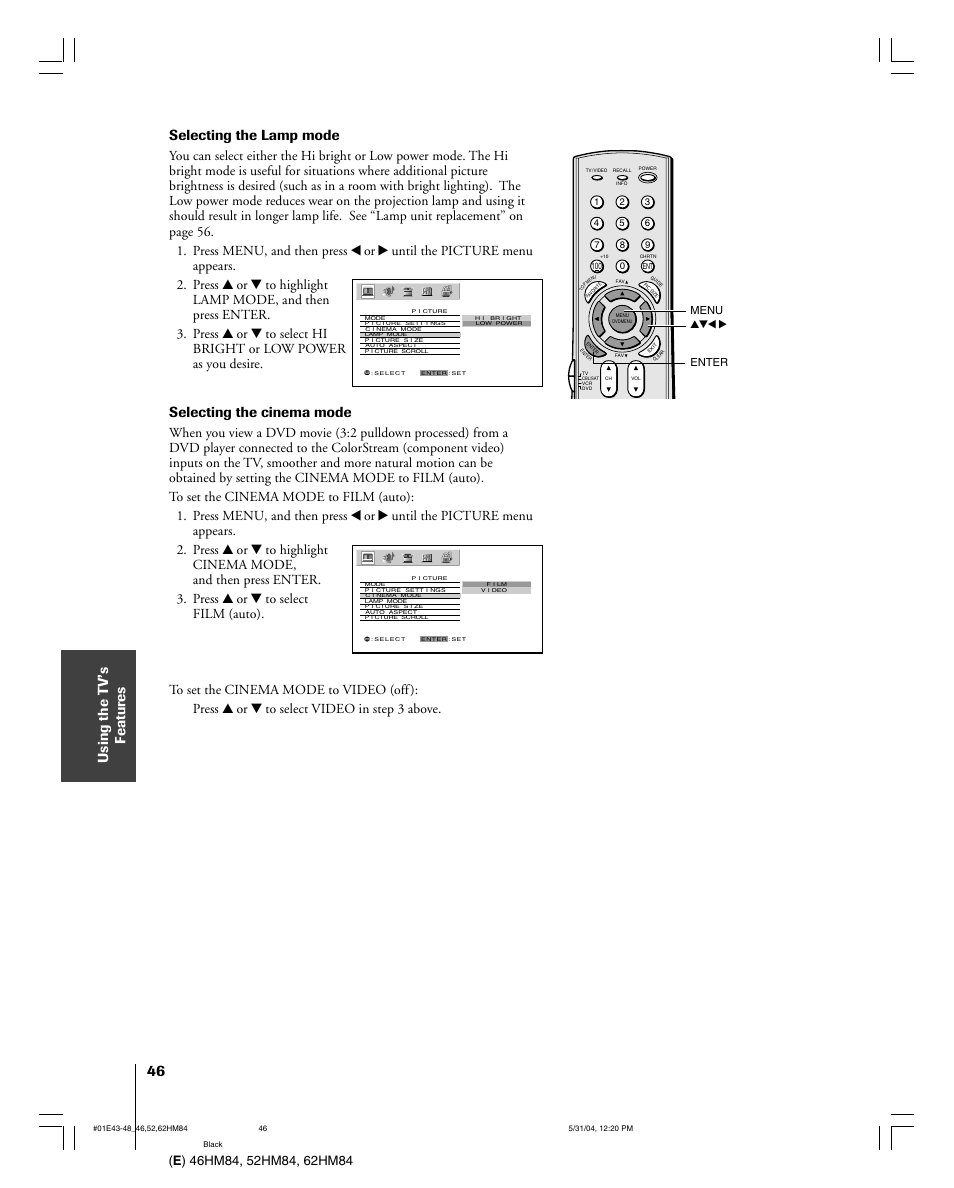 Selecting the lamp mode, Selecting the cinema mode | Toshiba 52HM84 User Manual | Page 46 / 68