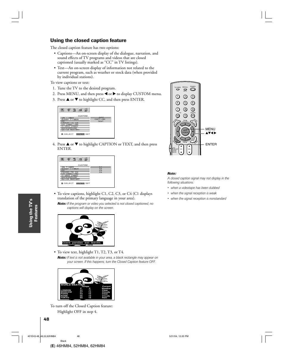 Using the closed caption feature | Toshiba 52HM84 User Manual | Page 48 / 68