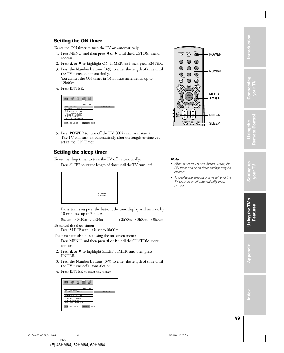 Setting the on timer, Setting the sleep timer | Toshiba 52HM84 User Manual | Page 49 / 68