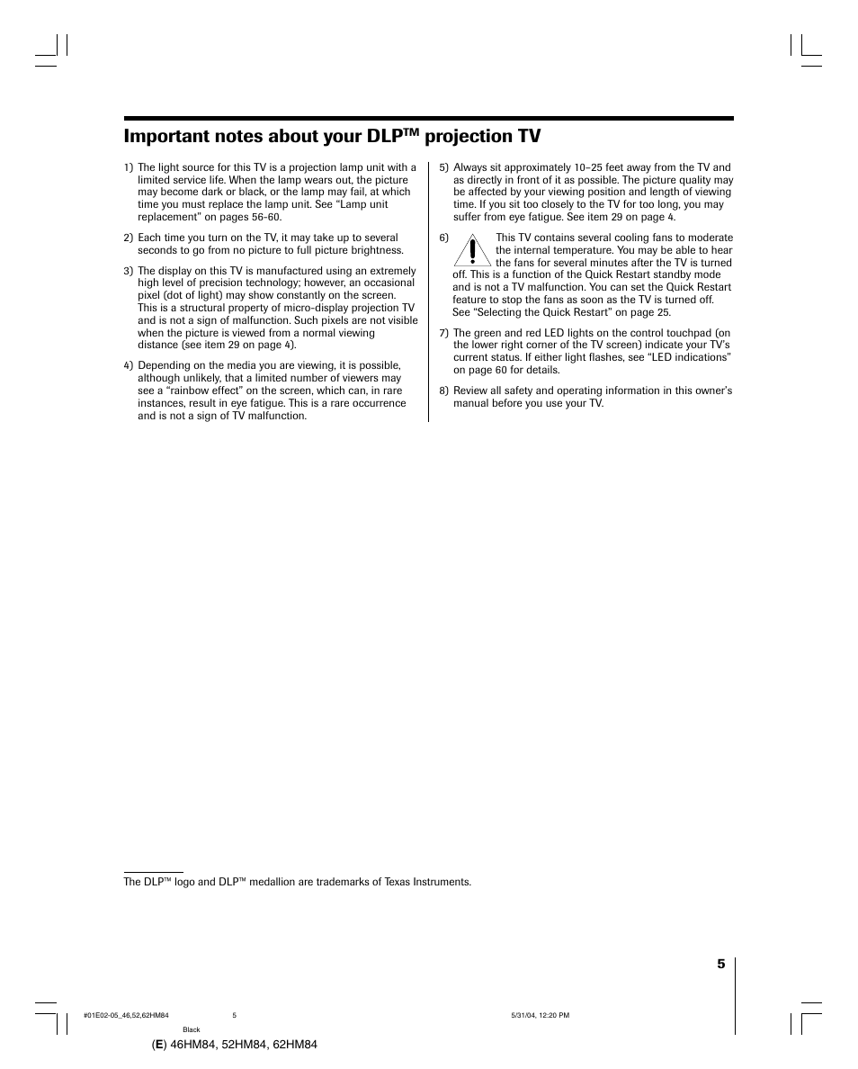 Projection tv | Toshiba 52HM84 User Manual | Page 5 / 68