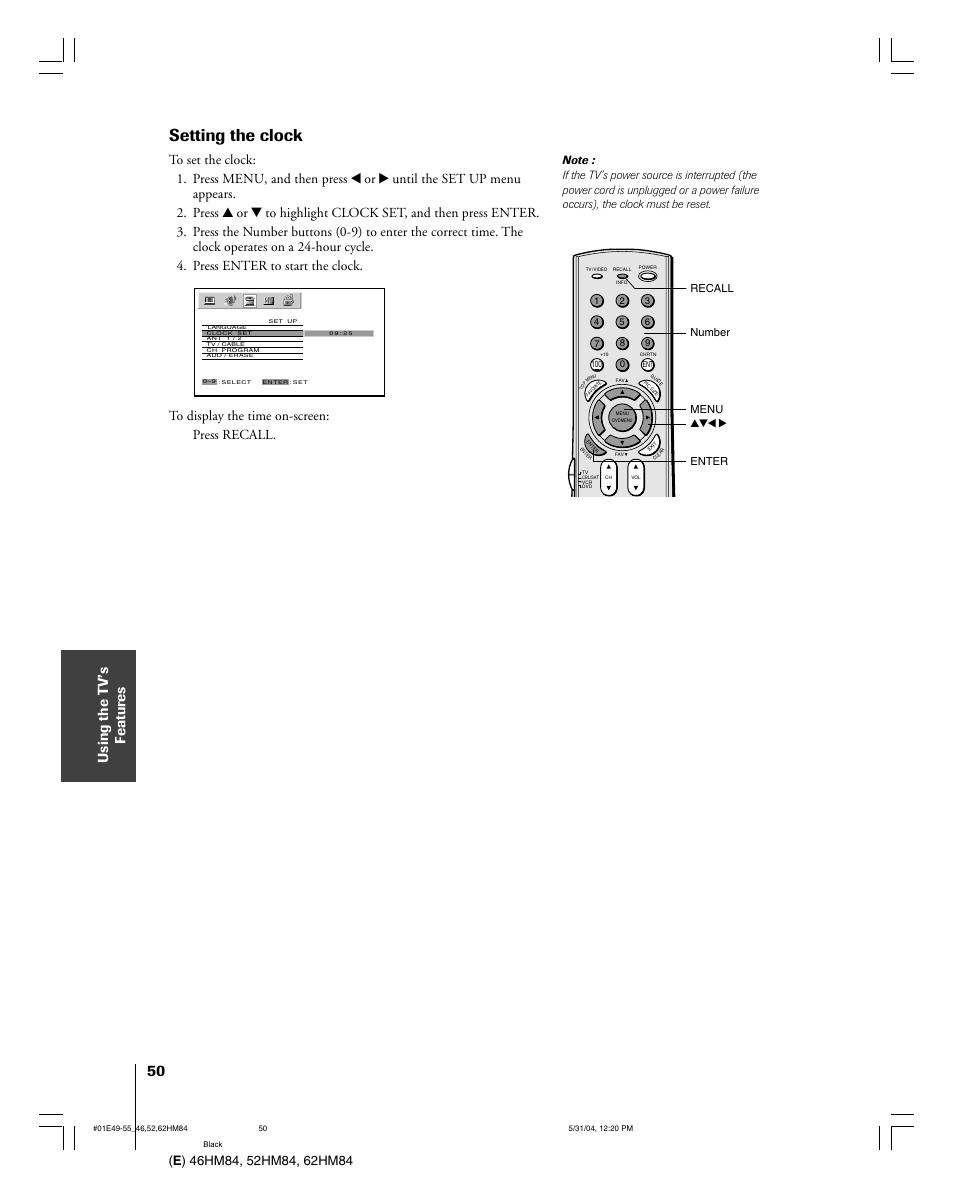Setting the clock | Toshiba 52HM84 User Manual | Page 50 / 68