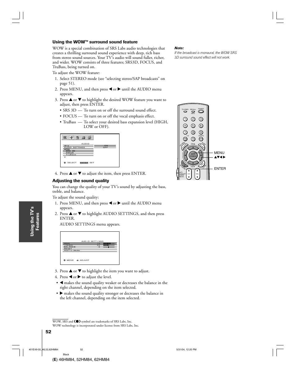 Using the wow™ surround sound feature, Adjusting the sound quality, Press y or z to adjust the item, then press enter | Toshiba 52HM84 User Manual | Page 52 / 68