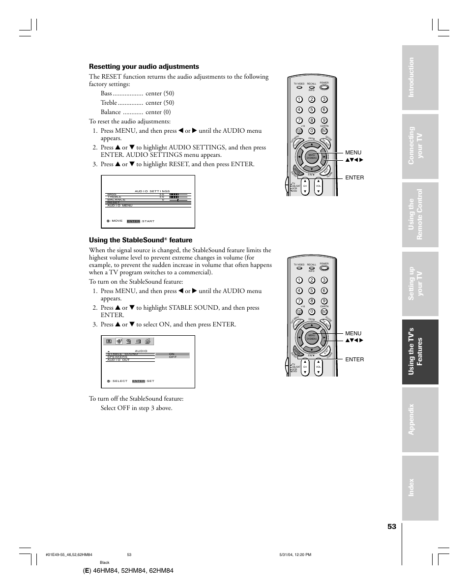 Resetting your audio adjustments, Using the stablesound, Feature | Yzx • menu, Yzx • menu enter enter | Toshiba 52HM84 User Manual | Page 53 / 68