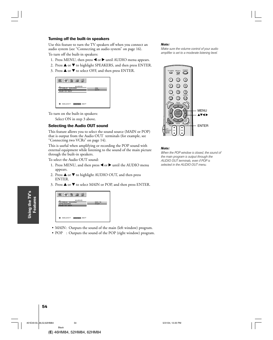 Turning off the built-in speakers, Selecting the audio out sound | Toshiba 52HM84 User Manual | Page 54 / 68