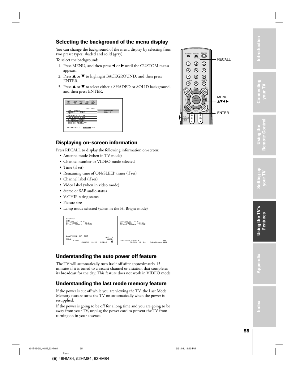 Selecting the background of the menu display, Displaying on-screen information, Understanding the auto power off feature | Yzx • menu recall, Enter | Toshiba 52HM84 User Manual | Page 55 / 68