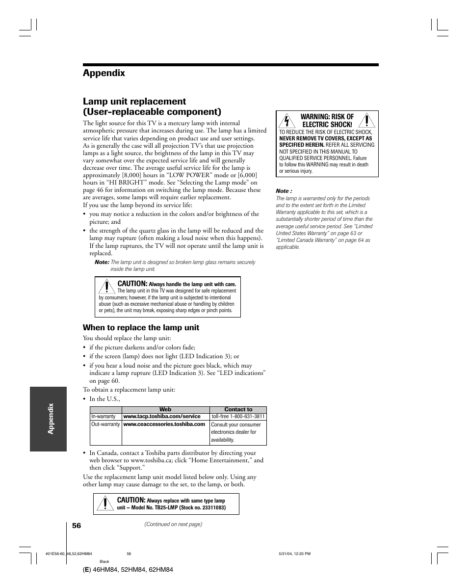 When to replace the lamp unit | Toshiba 52HM84 User Manual | Page 56 / 68