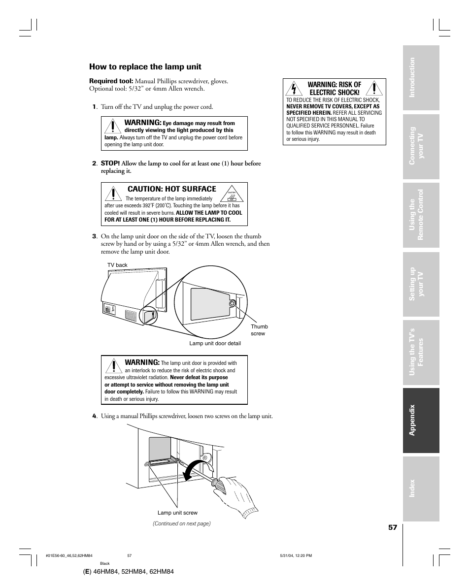 How to replace the lamp unit | Toshiba 52HM84 User Manual | Page 57 / 68