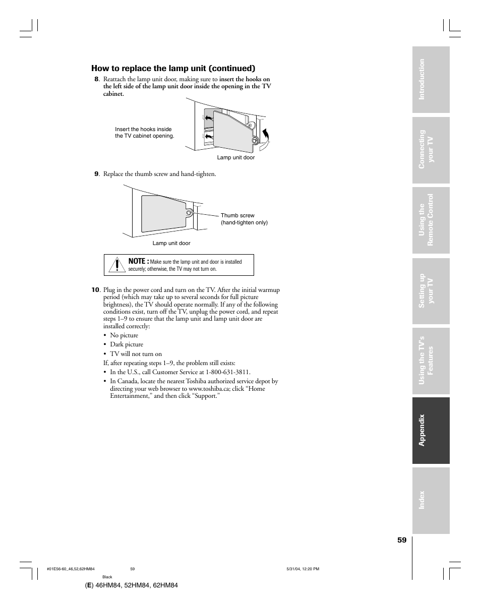 How to replace the lamp unit (continued) | Toshiba 52HM84 User Manual | Page 59 / 68