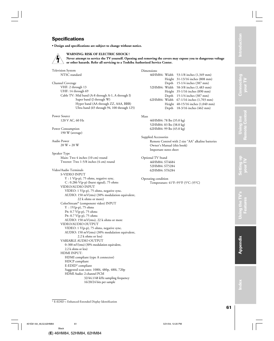 Specifications | Toshiba 52HM84 User Manual | Page 61 / 68