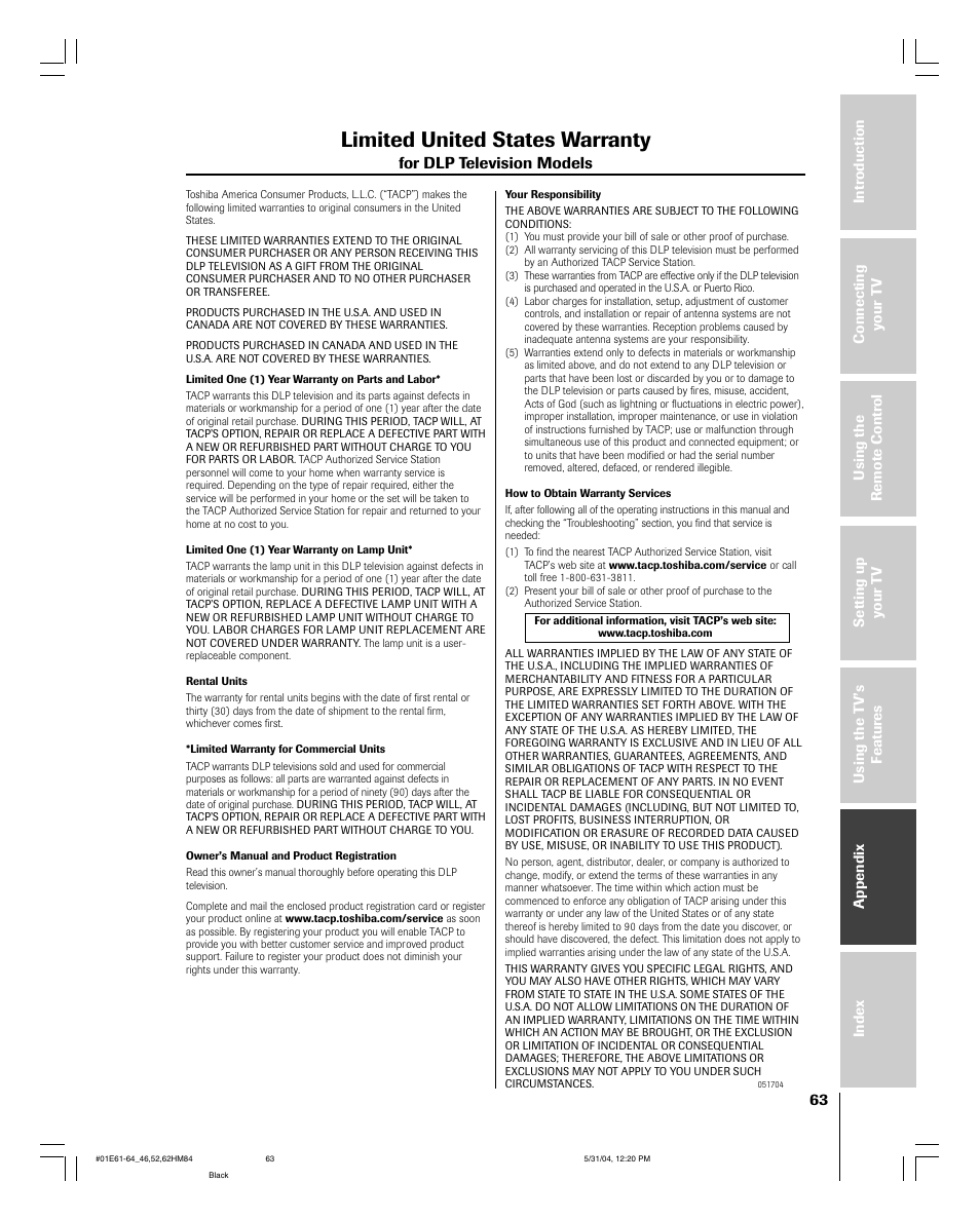 Limited united states warranty | Toshiba 52HM84 User Manual | Page 63 / 68