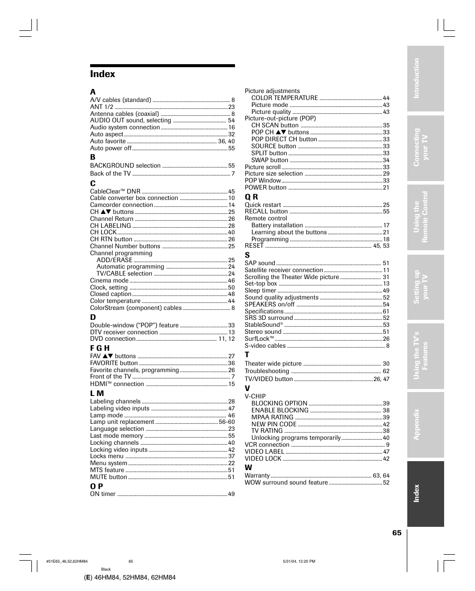 Index | Toshiba 52HM84 User Manual | Page 65 / 68