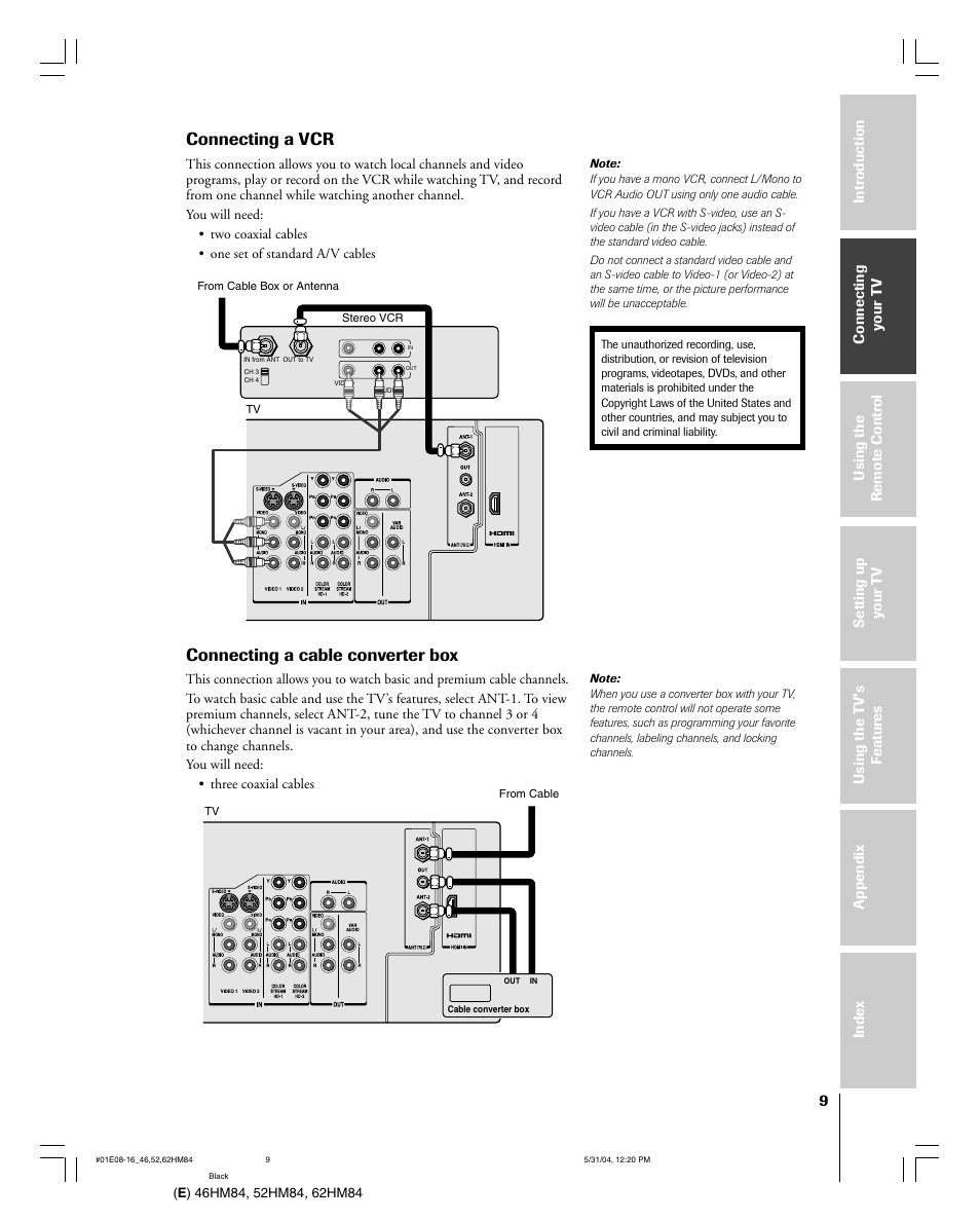 Connecting a vcr, Connecting a cable converter box | Toshiba 52HM84 User Manual | Page 9 / 68