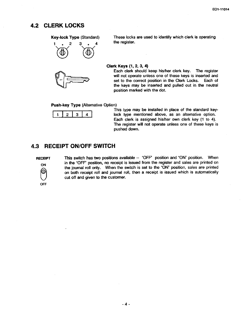 2 clerk locks, 3 receipt on/off switch | Toshiba TEC MA-1400-100 User Manual | Page 10 / 96