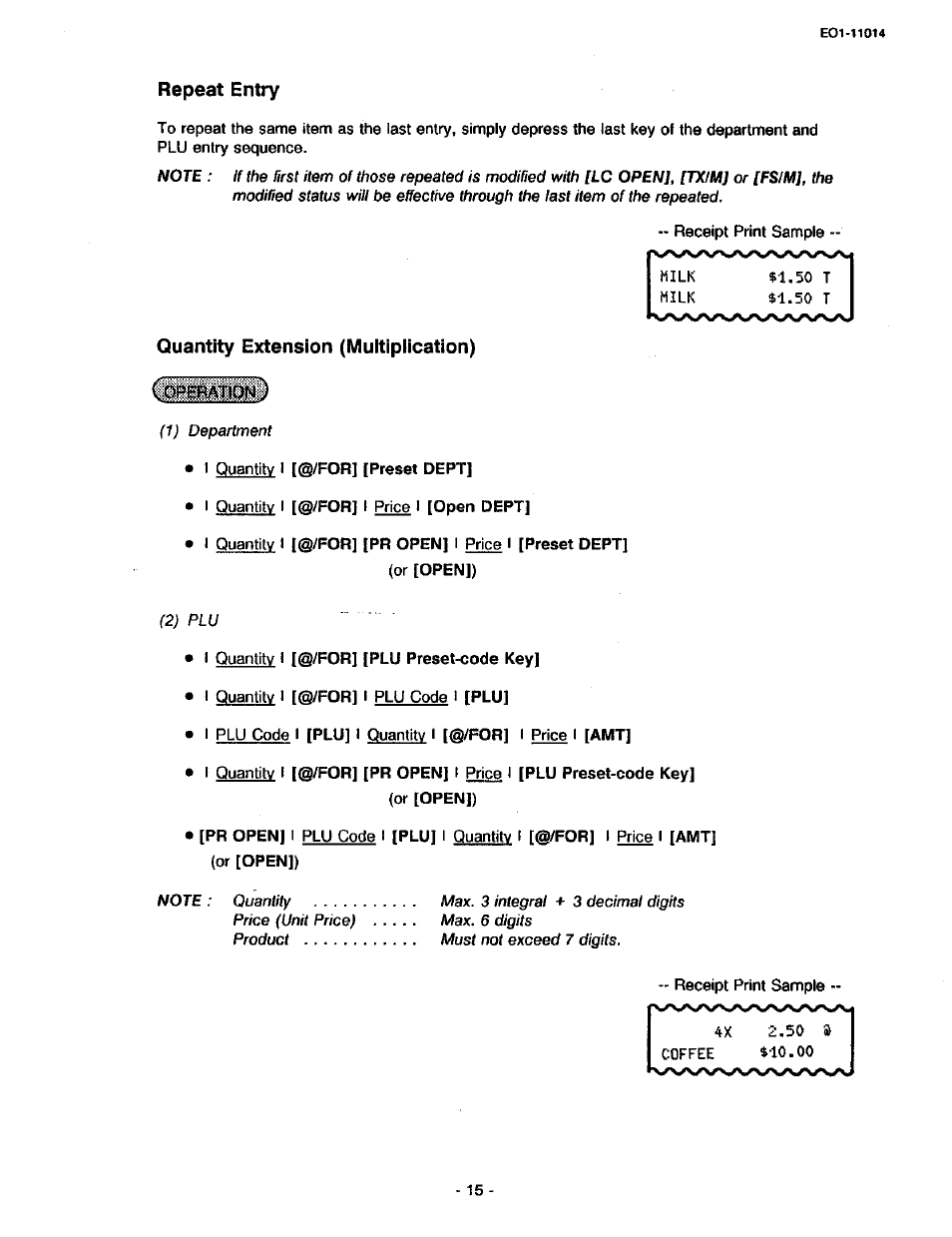 Repeat entry, Quantity extension (multiplication) | Toshiba TEC MA-1400-100 User Manual | Page 21 / 96