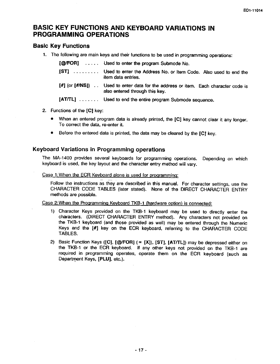 Basic key functions, Keyboard variations in programming operations | Toshiba TEC MA-1400-100 User Manual | Page 23 / 96