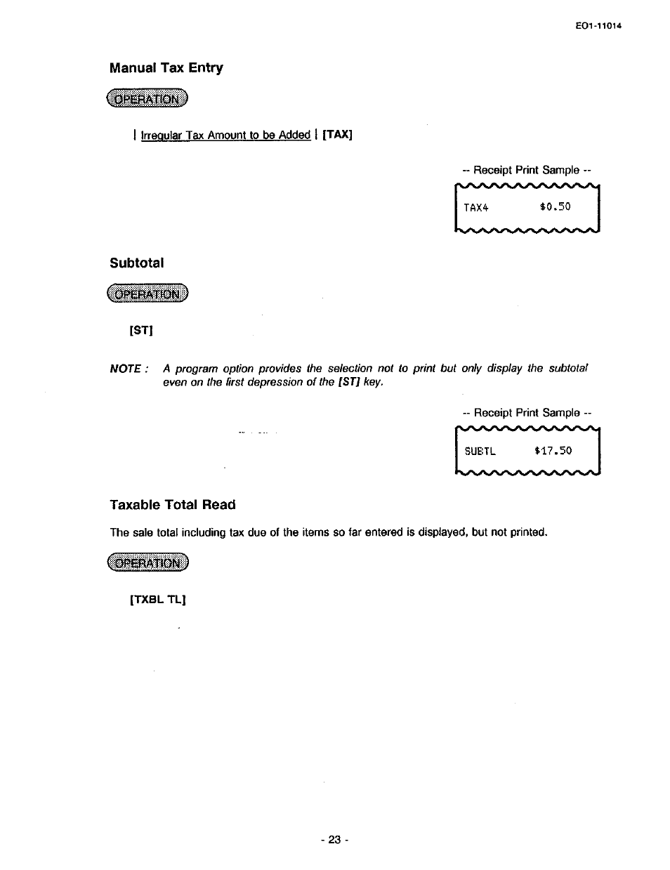 Manual tax entry, Subtotal, Taxable total read | Toshiba TEC MA-1400-100 User Manual | Page 29 / 96