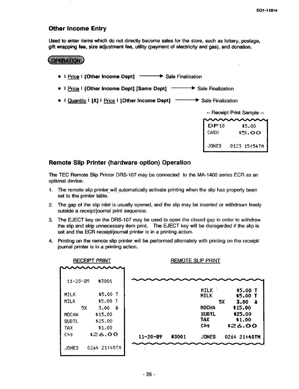 Other income entry, Remote slip printer (hardware option) operation | Toshiba TEC MA-1400-100 User Manual | Page 41 / 96