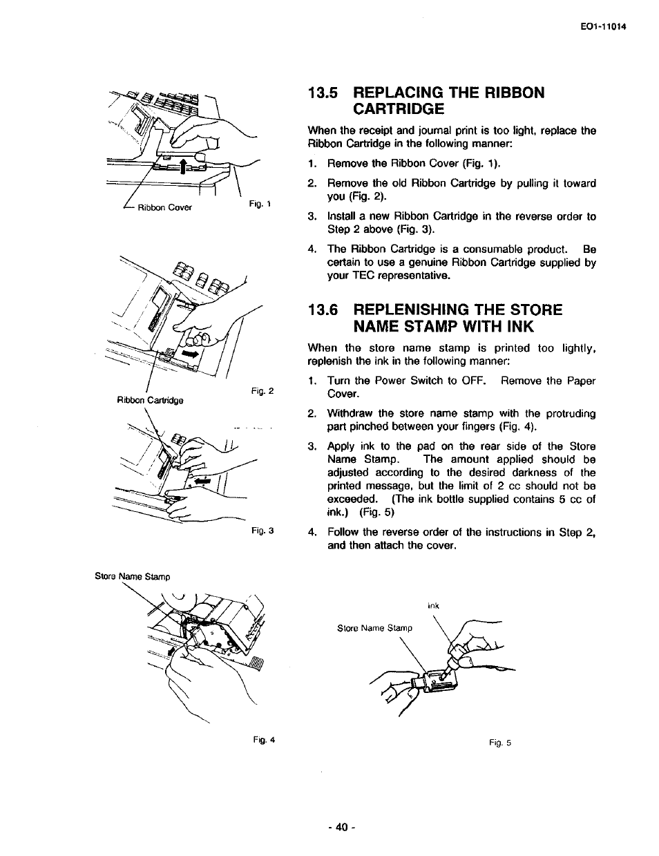 5 replacing the ribbon cartridge, 6 replenishing the store name stamp with ink | Toshiba TEC MA-1400-100 User Manual | Page 46 / 96