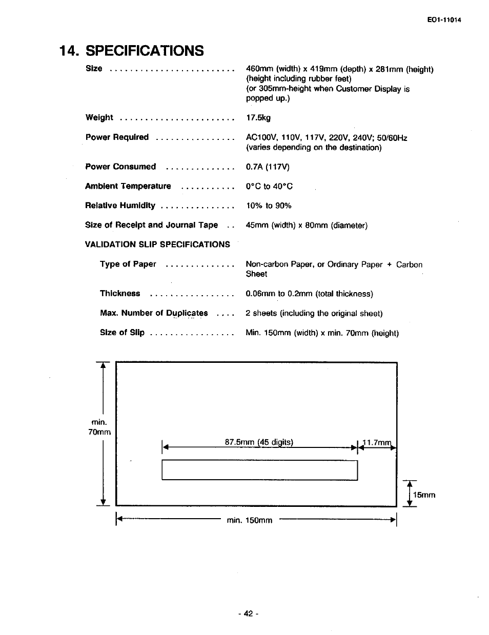 Specifications | Toshiba TEC MA-1400-100 User Manual | Page 48 / 96