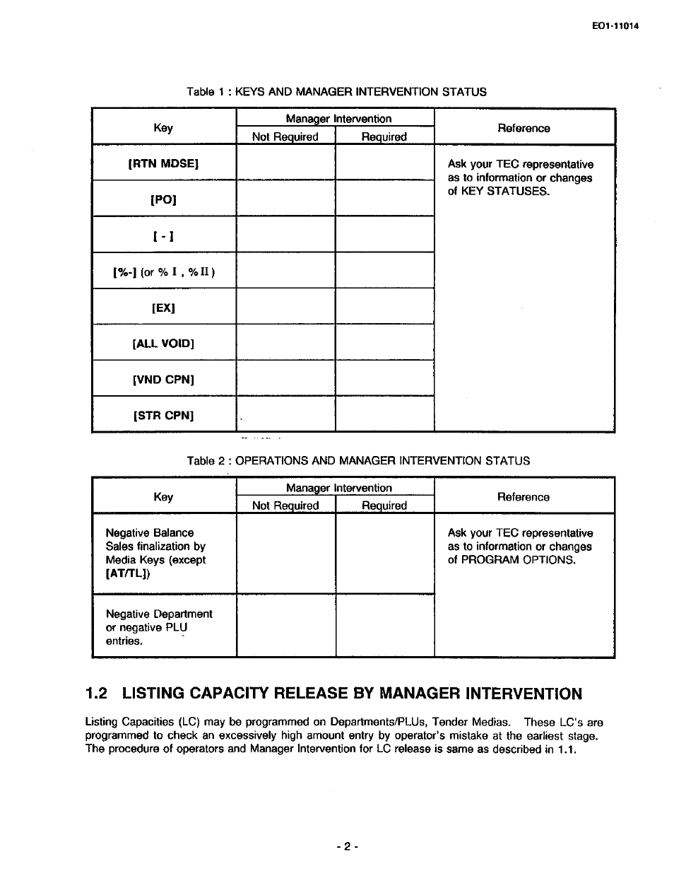 2 listing capacity release by manager intervention, Listing capacity release by manager intervention | Toshiba TEC MA-1400-100 User Manual | Page 54 / 96