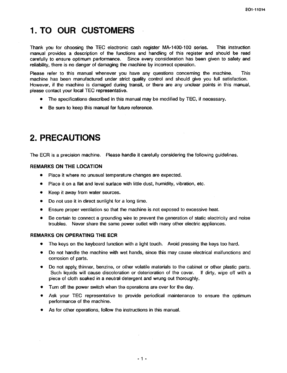 Precautions | Toshiba TEC MA-1400-100 User Manual | Page 7 / 96