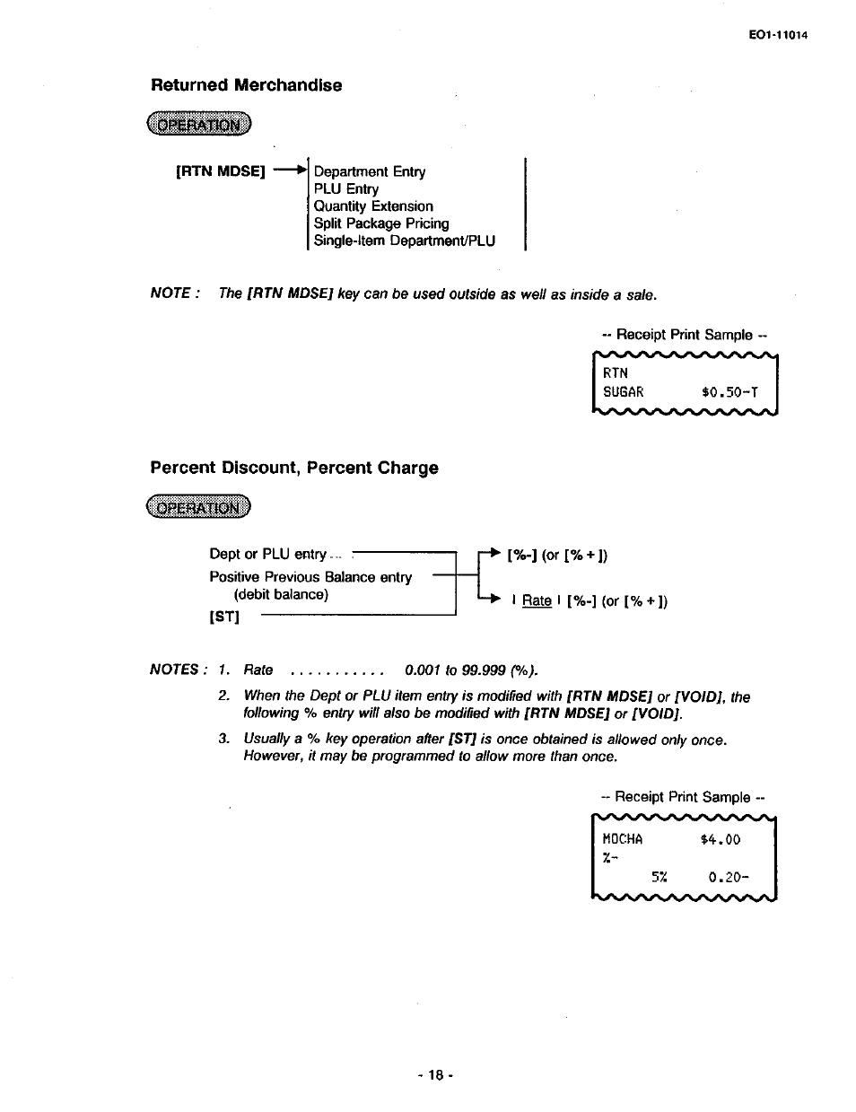 Returned merchandise, Percent discount, percent charge | Toshiba TEC MA-1400-100 User Manual | Page 70 / 96