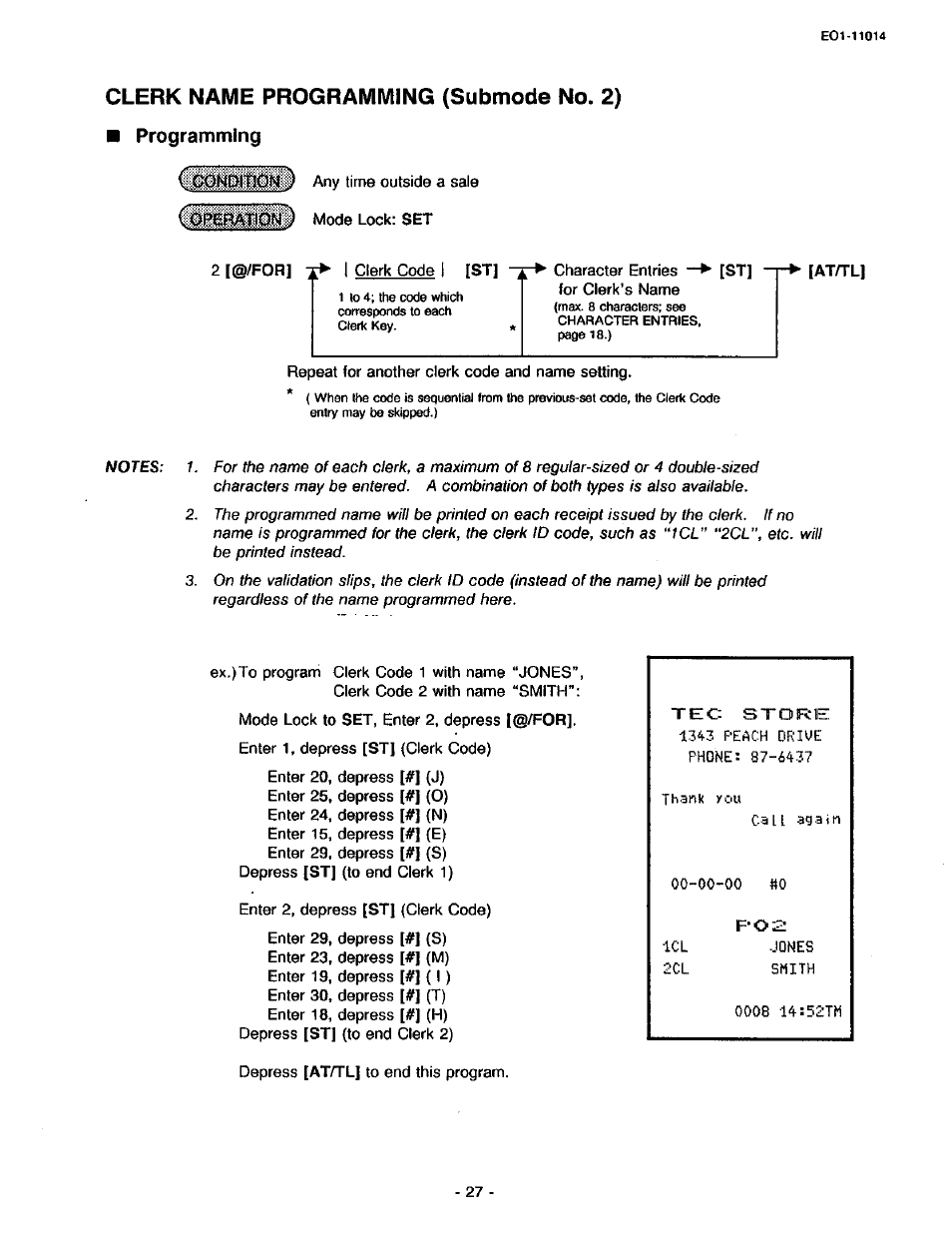 Clerk name programming (submode no. 2), Programming | Toshiba TEC MA-1400-100 User Manual | Page 79 / 96