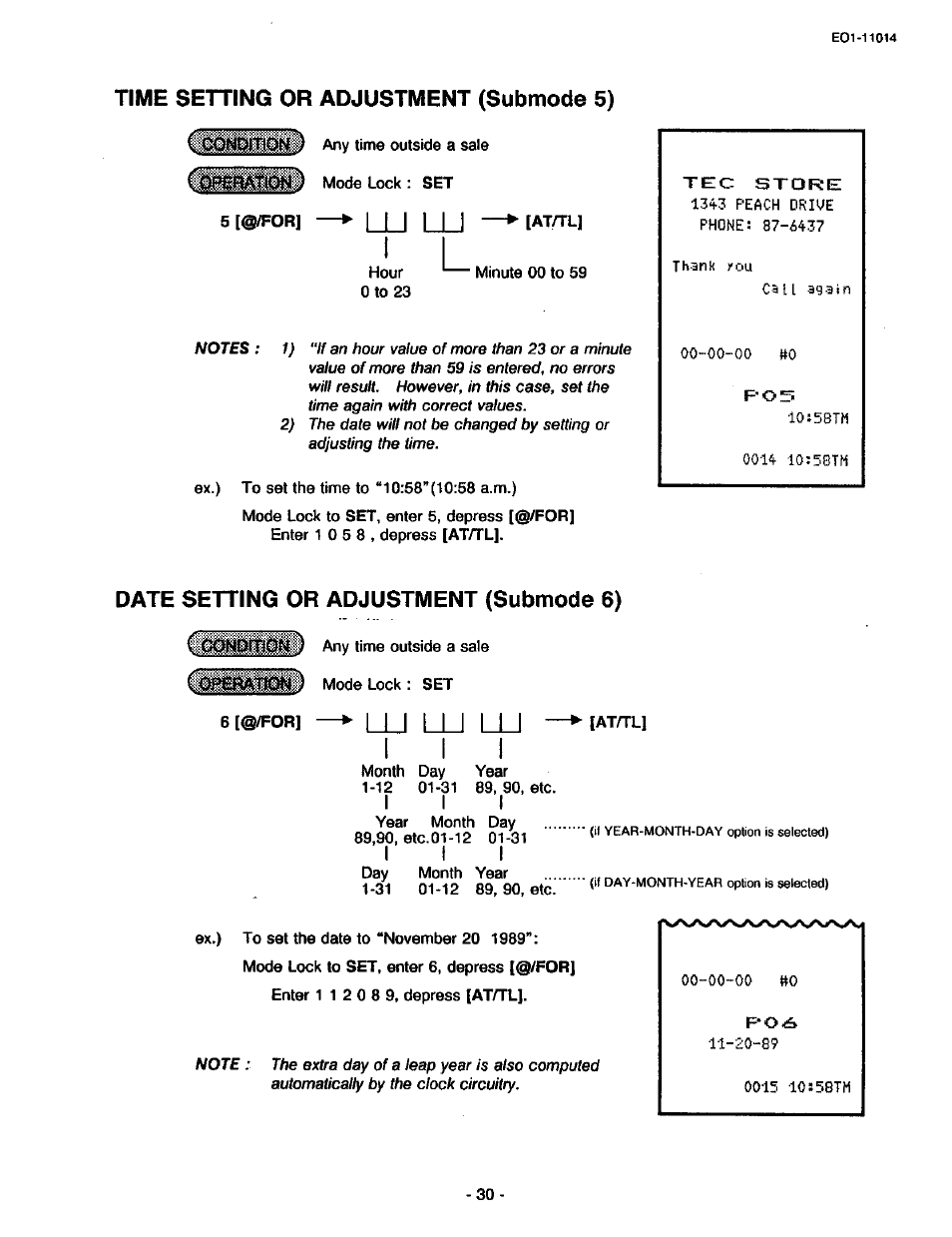 Time setting or adjustment (submode 5), Date setting or adjustment (submode 6), Time setting or adjustment | Date setting or adjustment, L±j lu lu - i i i | Toshiba TEC MA-1400-100 User Manual | Page 82 / 96
