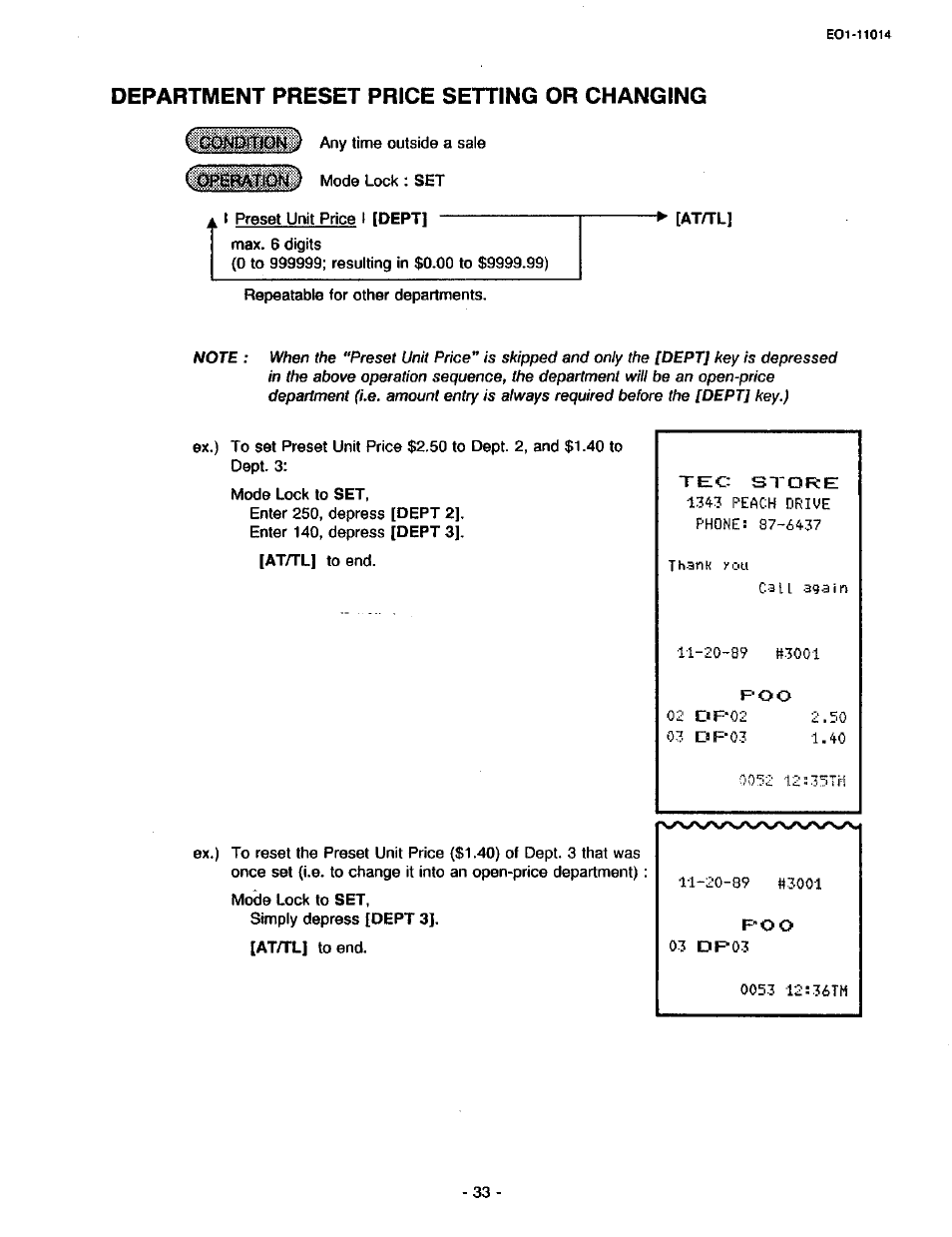 Department preset price setting or changing | Toshiba TEC MA-1400-100 User Manual | Page 85 / 96