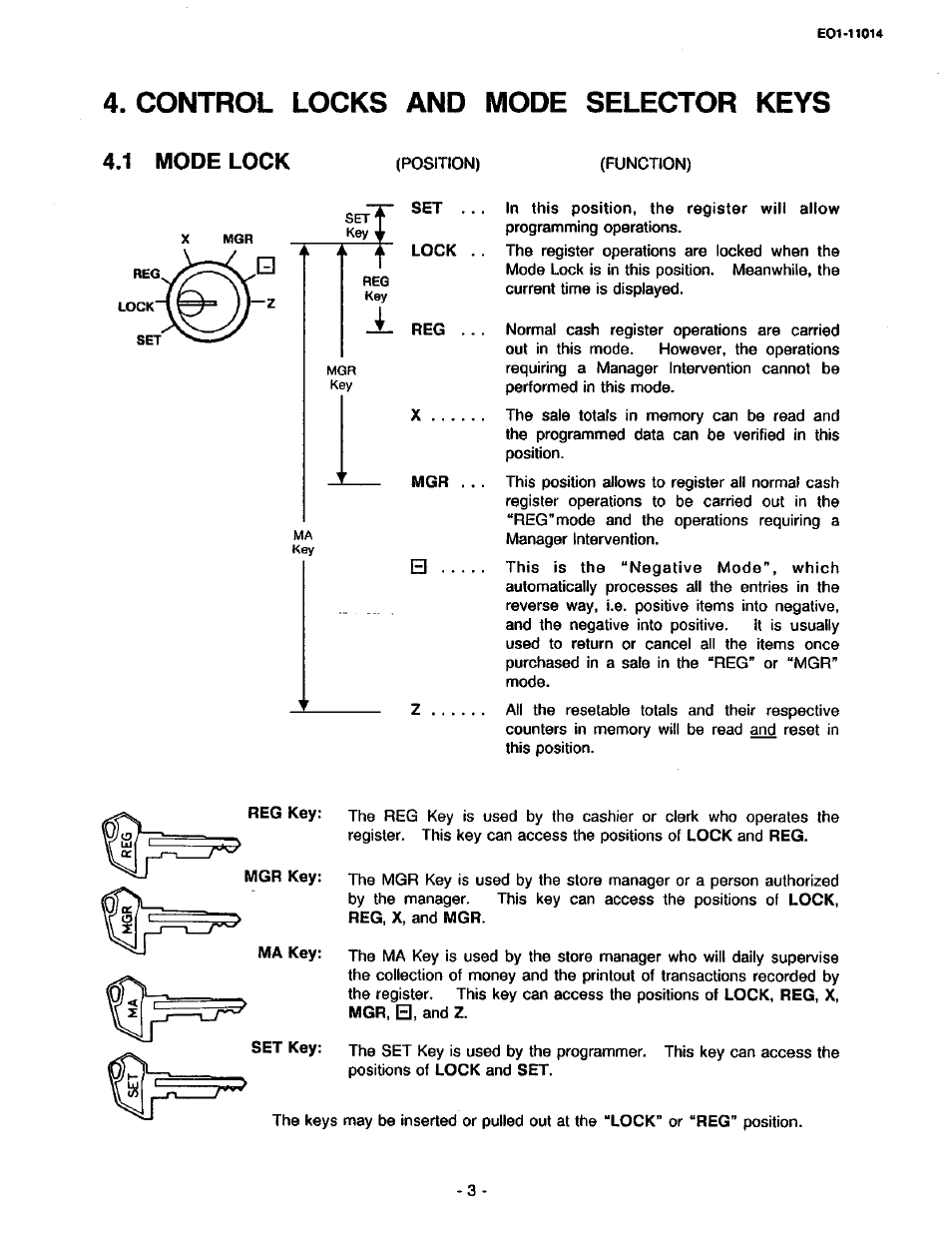 Control locks and mode selector keys, 1 mode lock, Posmon) | Toshiba TEC MA-1400-100 User Manual | Page 9 / 96