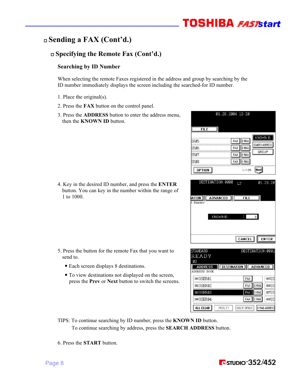 Sending a fax (cont’d.), Specifying the remote fax (cont’d.) | Toshiba 352/452 User Manual | Page 10 / 17