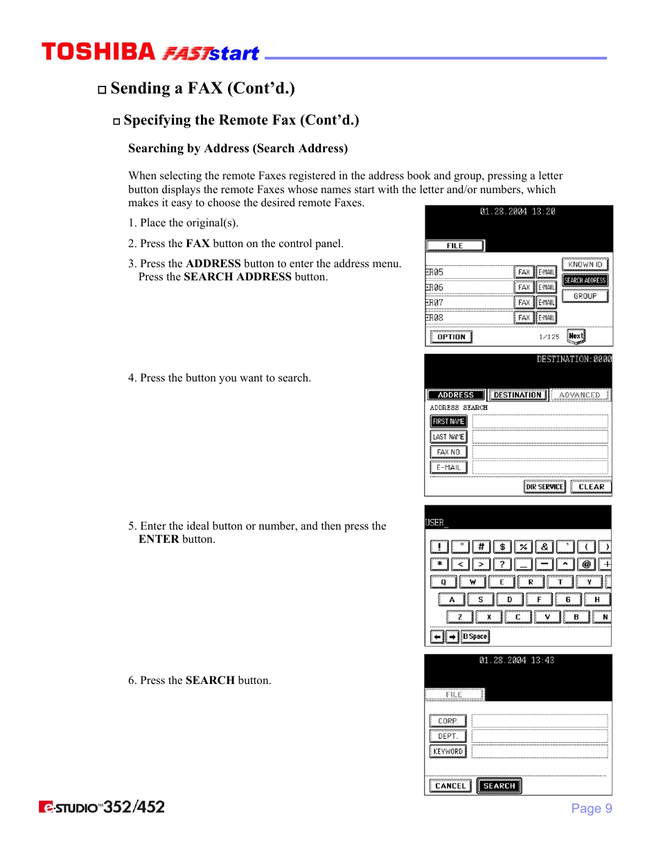 Sending a fax (cont’d.), Specifying the remote fax (cont’d.) | Toshiba 352/452 User Manual | Page 11 / 17