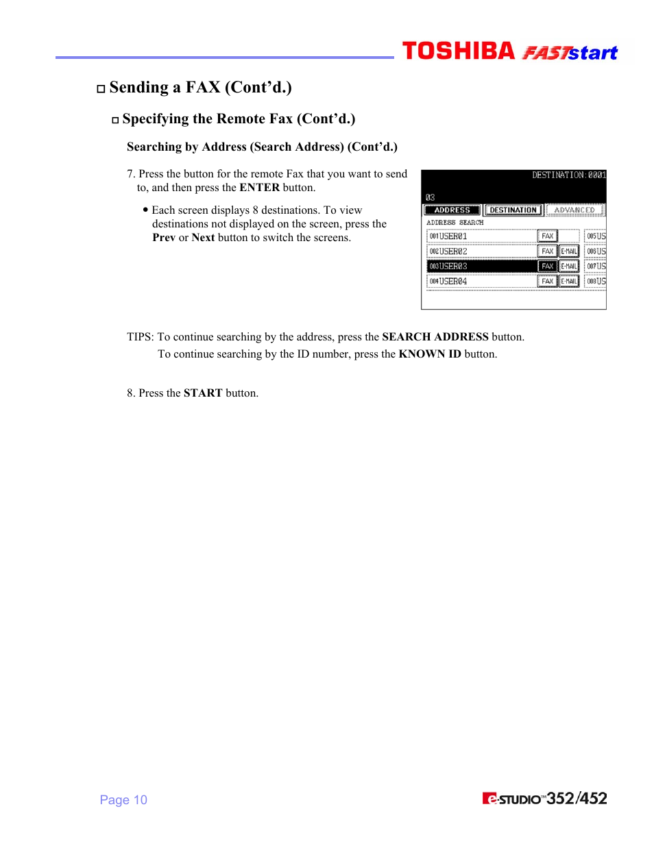 Sending a fax (cont’d.), Specifying the remote fax (cont’d.) | Toshiba 352/452 User Manual | Page 12 / 17