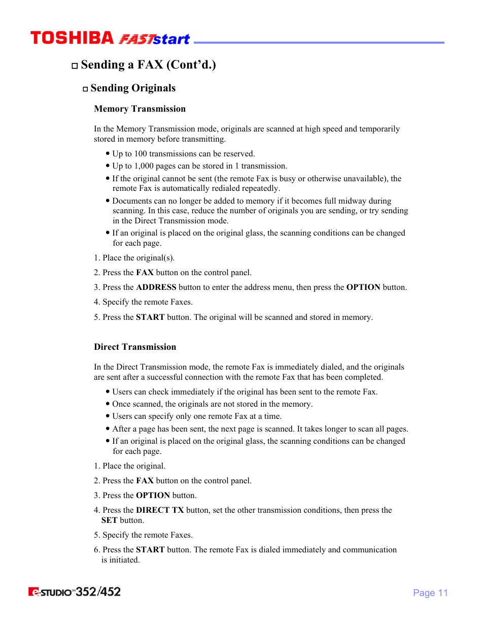 Sending a fax (cont’d.), Sending originals | Toshiba 352/452 User Manual | Page 13 / 17