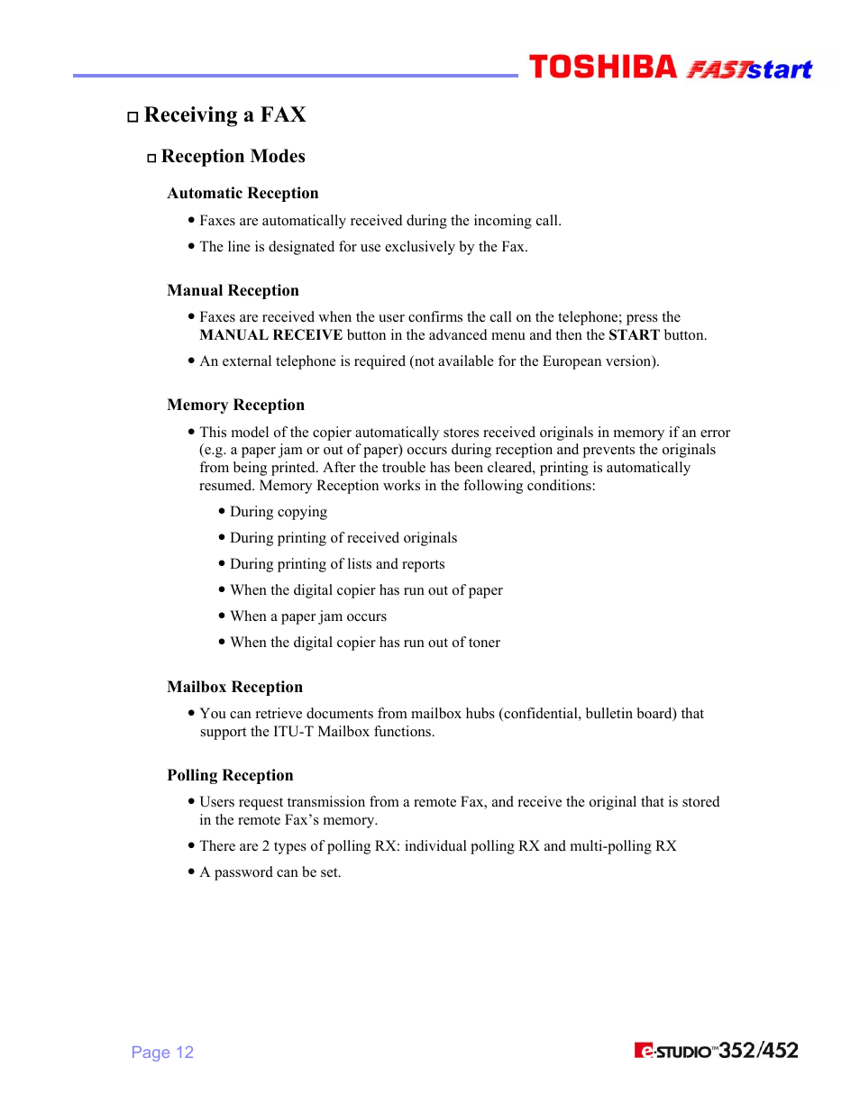 Receiving a fax, Reception modes | Toshiba 352/452 User Manual | Page 14 / 17