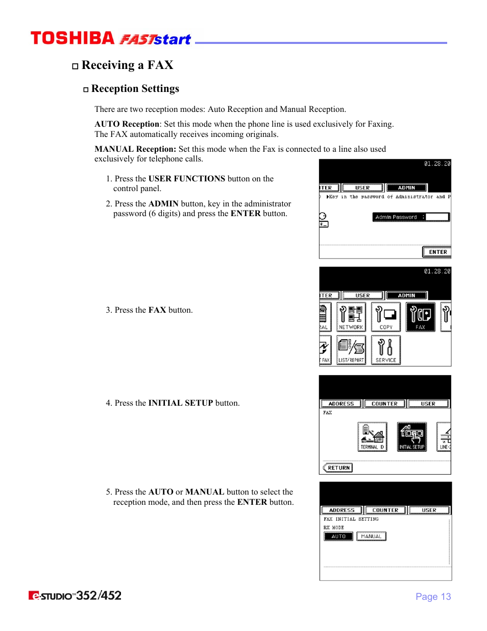 Receiving a fax, Reception settings | Toshiba 352/452 User Manual | Page 15 / 17