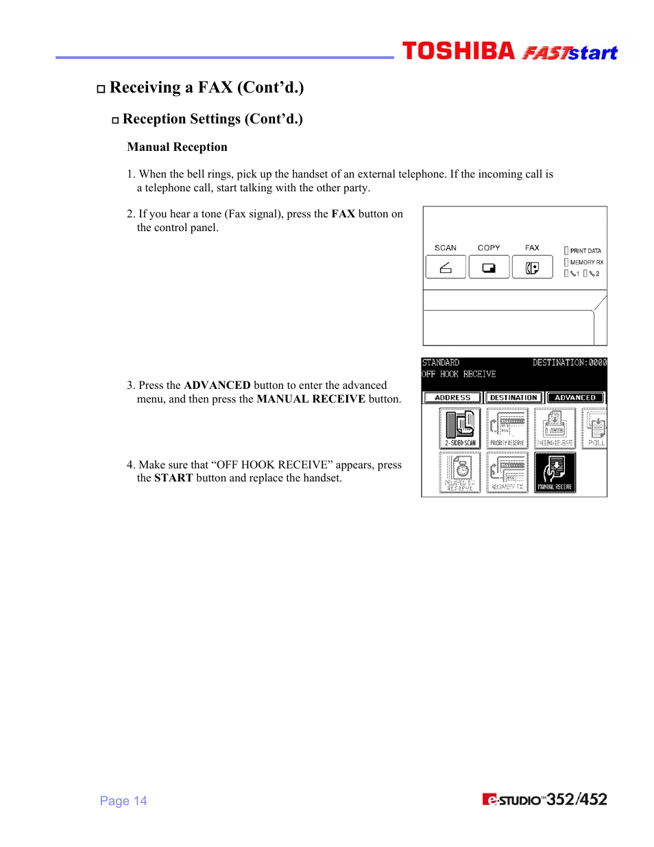 Receiving a fax (cont’d.), Reception settings (cont’d.) | Toshiba 352/452 User Manual | Page 16 / 17