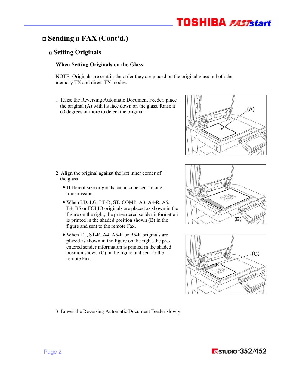 Sending a fax (cont’d.), Setting originals | Toshiba 352/452 User Manual | Page 4 / 17